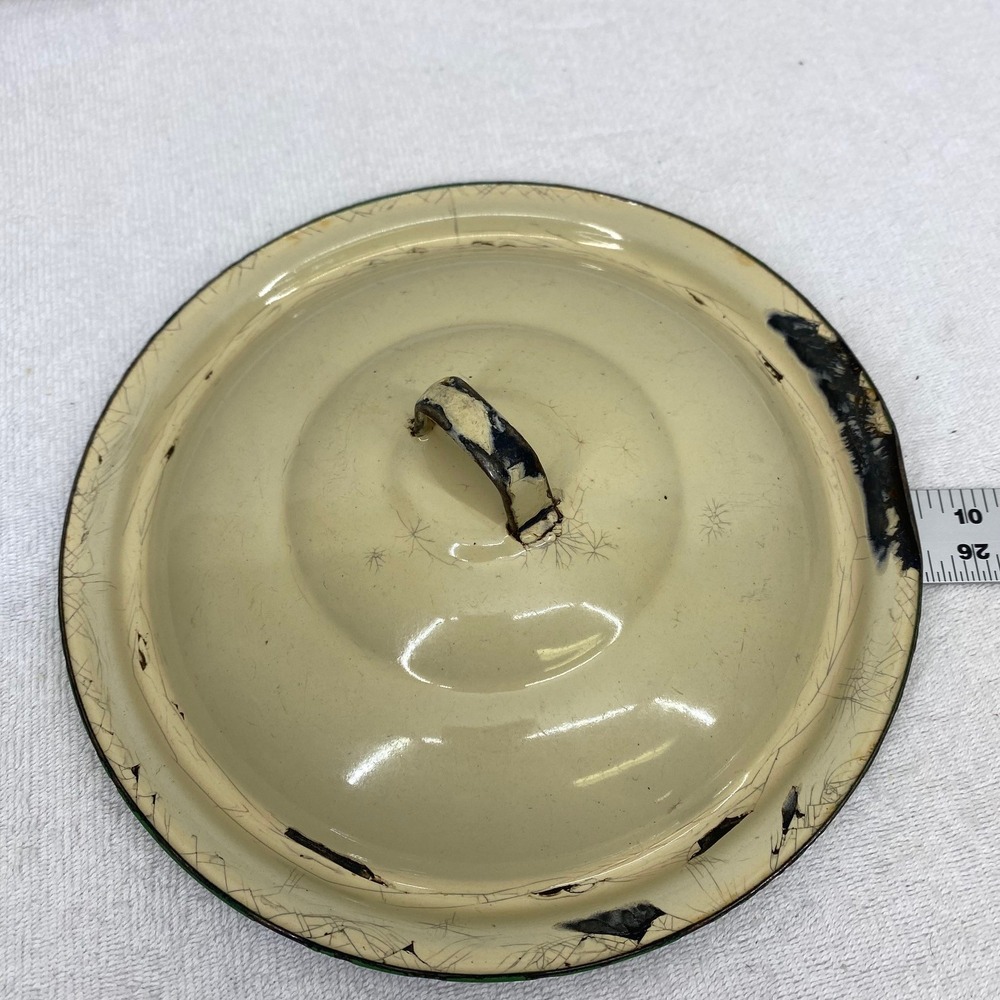 Vintage Enamelware Pot Lid Cream with Green Rim 9.5 Inch Farmhouse Rustic Decor